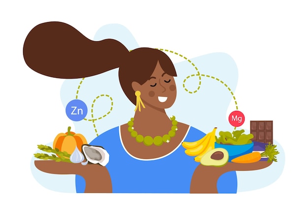 亜鉛とマグネシウムが豊富な健康食品フラット背景ベクトル図を保持している幸せな女