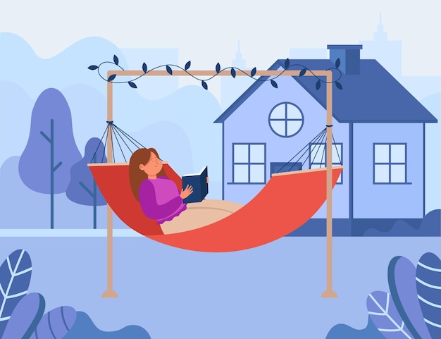 Happy woman reading book in hammock in backyard. girl relaxing outside in summer, house in background, exterior flat vector illustration. leisure, holiday concept for banner or landing web page