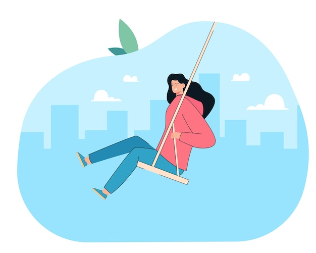 Free vector happy woman sitting on swing, swinging with fun on playground. adult female person with good mood, lady playing childish game flat vector illustration. leisure, youth, lifestyle, dream concept