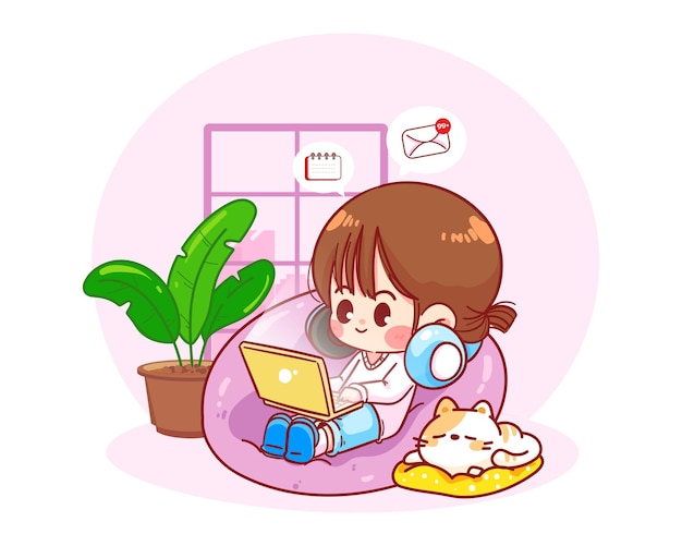 お手玉の椅子にノートパソコンで座っている幸せな女性 在宅勤務のキャラクター手描き漫画アートイラスト プレミアムベクター