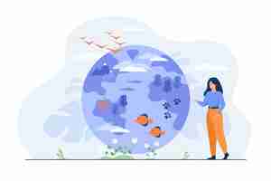 Free vector happy woman standing and pointing on globe with flora and fauna diversity flat illustration.