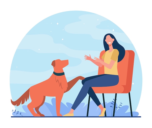 Happy woman training dog and sitting on chair. Canine, friend, retriever flat illustration