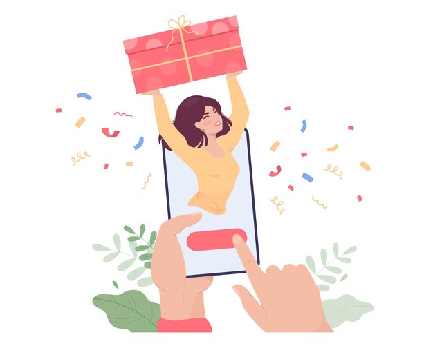 전화 화면에 선물 상자와 함께 행복 한 여자입니다. 모바일 선물 서비스 또는 앱을 사용하는 사람, 생일 선물 온라인 평면 벡터 일러스트레이션을 받는 사람. 온라인 쇼핑, 축하 개념