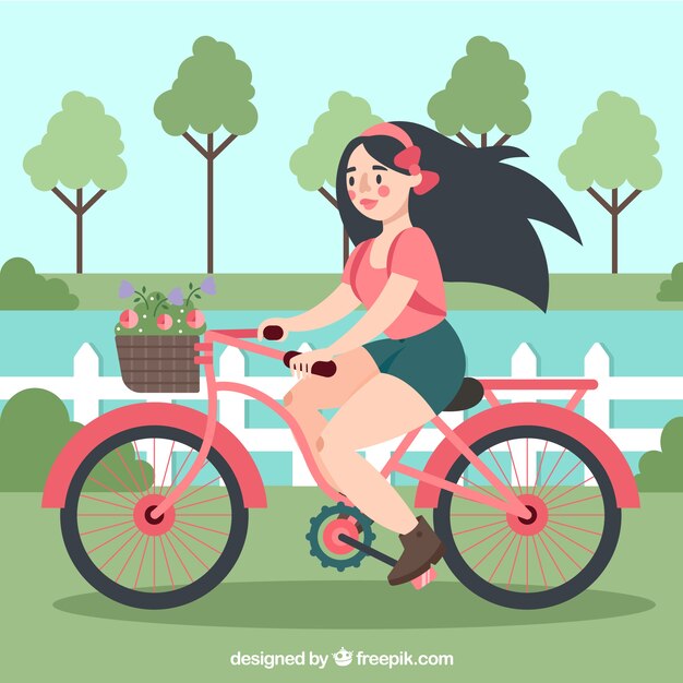 사랑스러운 자전거와 함께 행복 한 여자