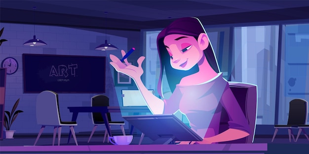 Free vector happy woman work with tablet in office at night vector cartoon background student designer character enjoy drawing project and late time on workspace cityscape from window at company workplace