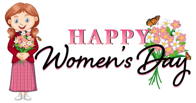 Happy women day poster design with girl and flowers