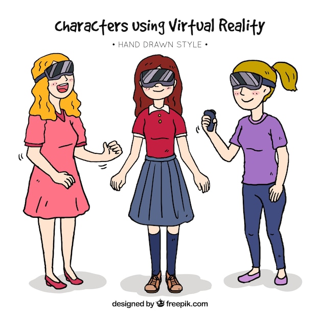 Happy women enjoying with virtual reality glasses