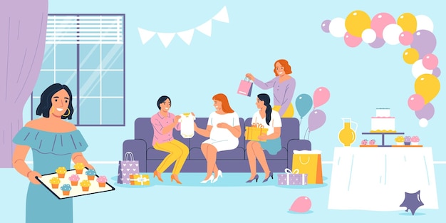 Free vector happy women giving presents to expecting mother at baby shower party flat vector illustration