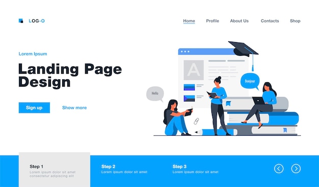 Happy women learning language online isolated landing page in flat style