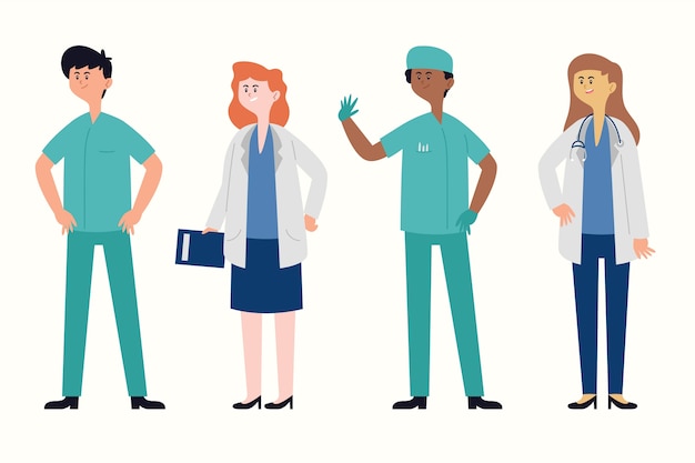 Free vector happy women and men doctors in uniforms