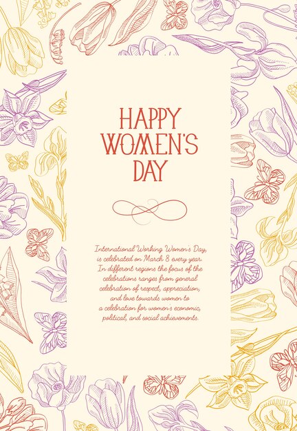 Happy women's day square greeting card with many colors and flowers around the red text with greetings the on the rose surface vector illustration