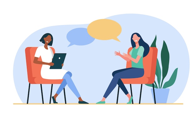 Free vector happy women sitting and talking to each other. dialog, psychologist, tablet flat illustration