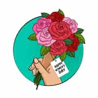 Vettore gratuito carta di felice festa della donna con bouquet di rose in pop art retrò