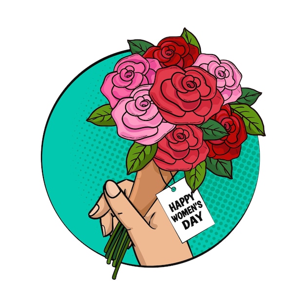 レトロなポップアートのバラの花束と幸せな女性の日カード