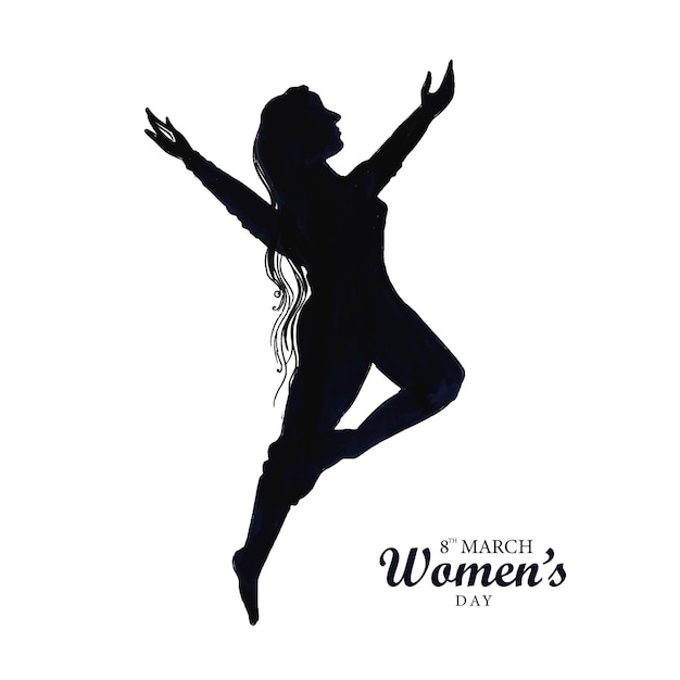 Счастливый женский день для танцующей девушки на фоне поздравительной открытки
