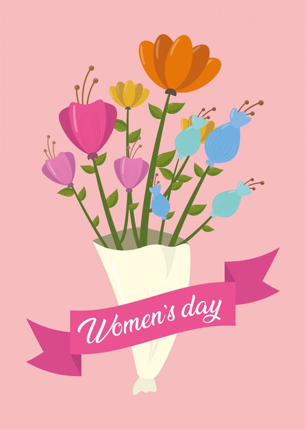 Happy womens day greeting card, flowers bouquet with ribbon