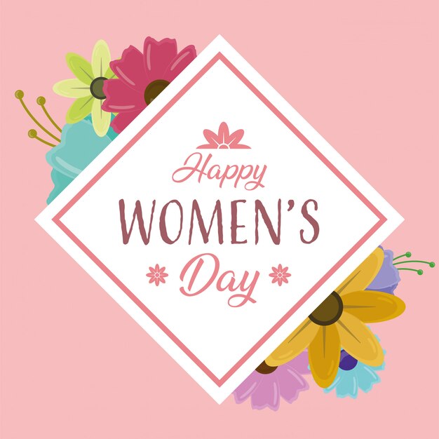 분홍색 배경에 꽃과 함께 행복 한 여성의 날 인사말 카드