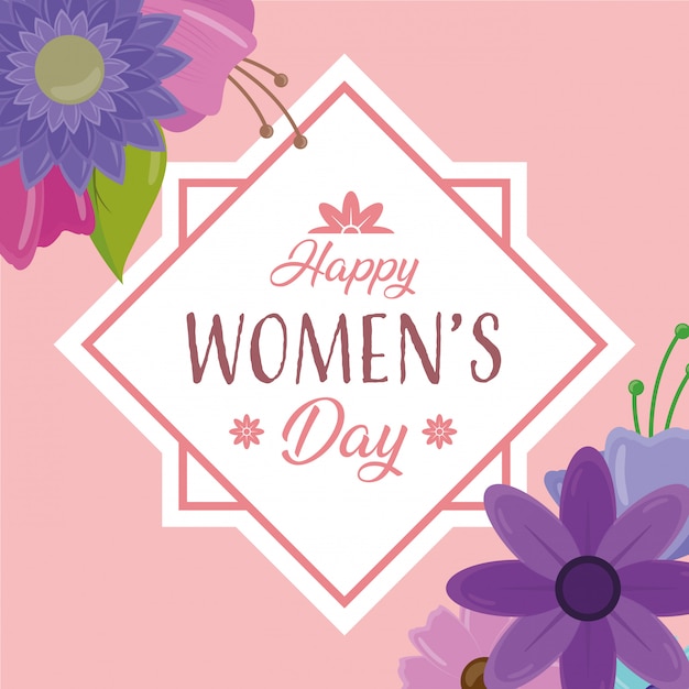 Free vector happy womens day greeting card with frame flowers on pink