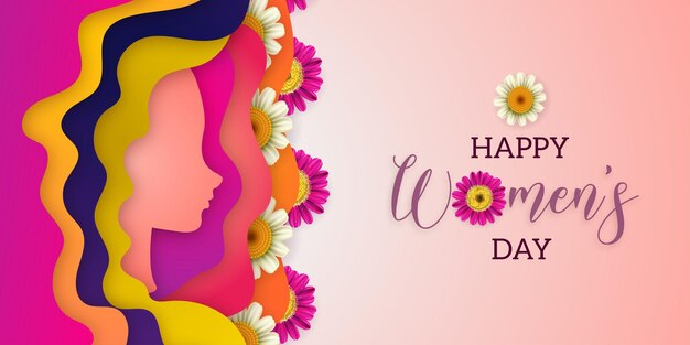 Happy Womens Day Greetings Purple White Flowers Peach Yellow Background Social Media Design Banner