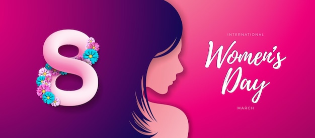 Happy womens day illustration 8 march international womens day vector design with face silhouette