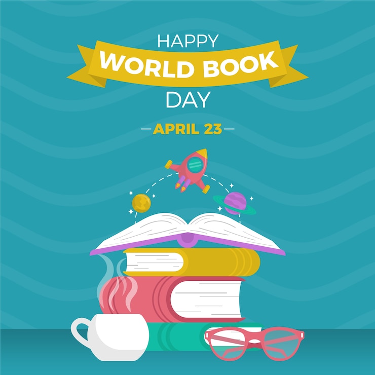 Free Vector happy world book day with stacked books and reading glasses