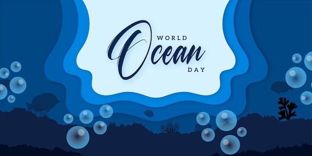 Happy World Ocean Day Blue Background Social Media Design Banner Free Vector