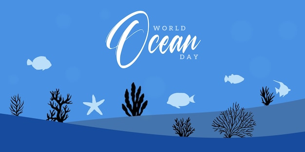 Free vector happy world ocean day blue black background social media design banner free vector