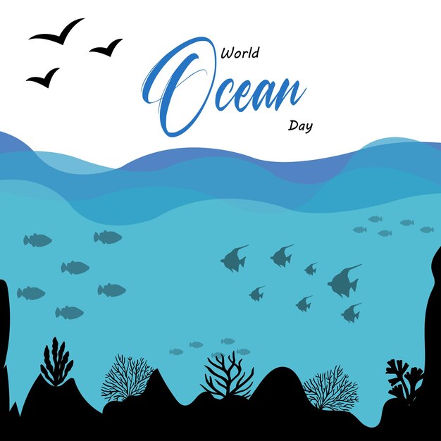 Happy World Ocean Day Blue Black White Background Social Media Design Banner Free Vector