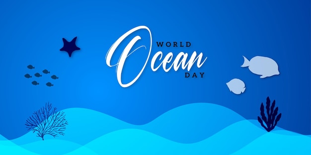 Free vector happy world ocean day blue white background social media design banner free vector