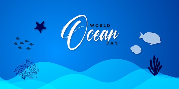 Happy World Ocean Day Blue White Background Social Media Design Banner Free Vector