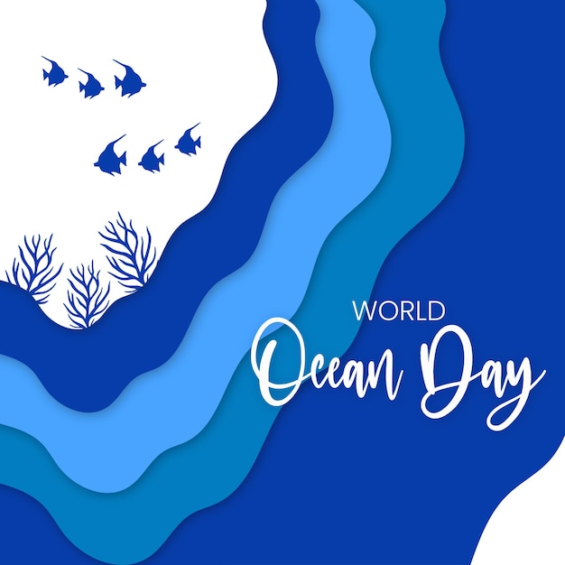 Free vector happy world ocean day blue white background social media design banner free vector