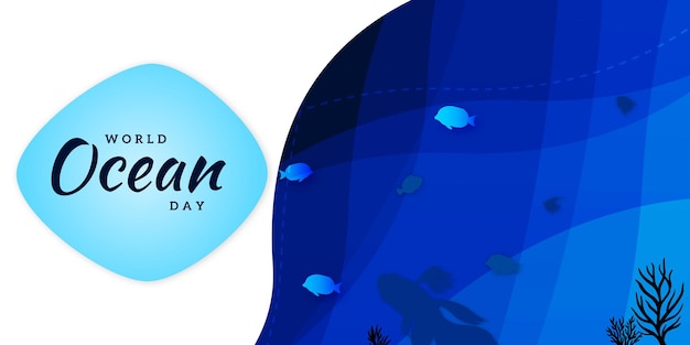 Бесплатное векторное изображение Счастливый всемирный день океана синий белый черный фон социальные медиа дизайн баннер бесплатные векторы