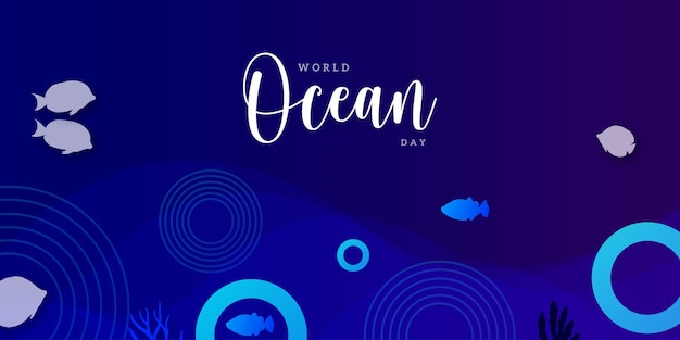 Free vector happy world ocean day dark blue background social media design banner free vector