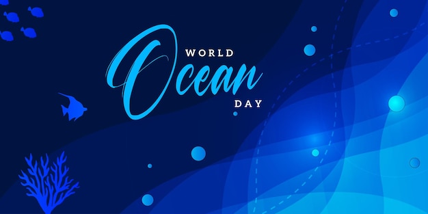 해피 세계 바다의 날 진한 파란색 배경 소셜 미디어 디자인 배너 무료 벡터