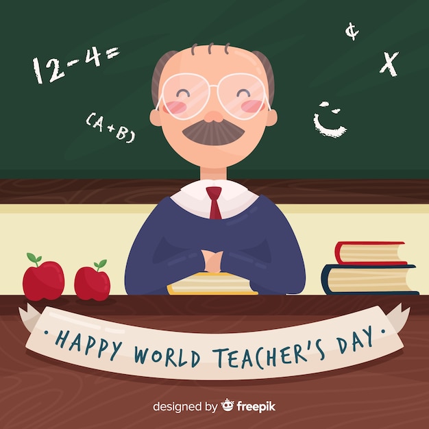 Free vector happy world teacher's day background with male teacher and blackboard