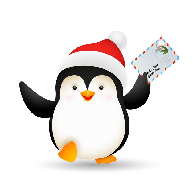 Счастливый рождественский пингвин держит открытку