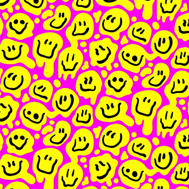 행복 한 노란색 왜곡 된 이모티콘 원활한 패턴 템플릿