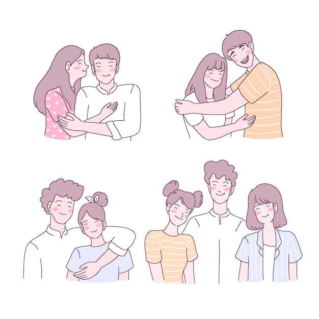 Free vector happy young girl and boy in love illustrations set