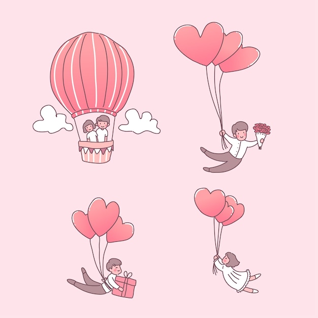 Happy young girl and boy in love illustrations set