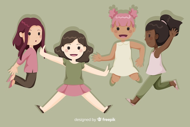 Free vector happy young girls group jumping cartoon