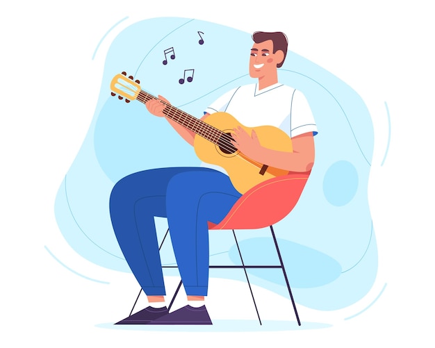 Happy young man sitting in armchair and playing guitar. Hobby and relaxing weekend at home vector illustration in flat style. Acoustic lessons. Joyful guy holding musician instrument and singing song.