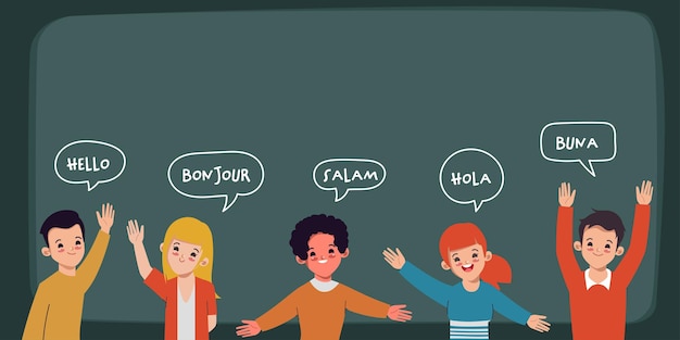 Happy young people saying hello in different languages