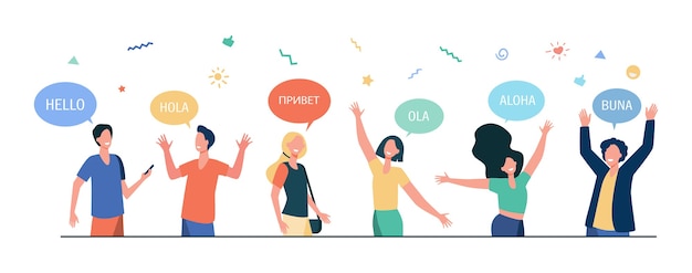 Бесплатное векторное изображение Счастливые молодые люди здороваются на разных языках. студенты с речевыми пузырями и руками в жесте приветствия.