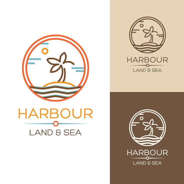 Harbour. Land and Sea. illustrations set with palm on the island