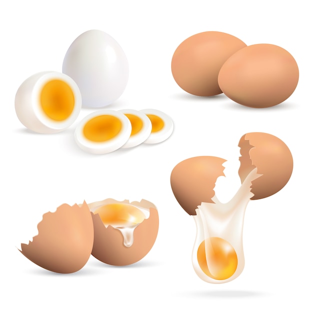 Free vector hard boiled and raw eggs realistic set isolated on white background