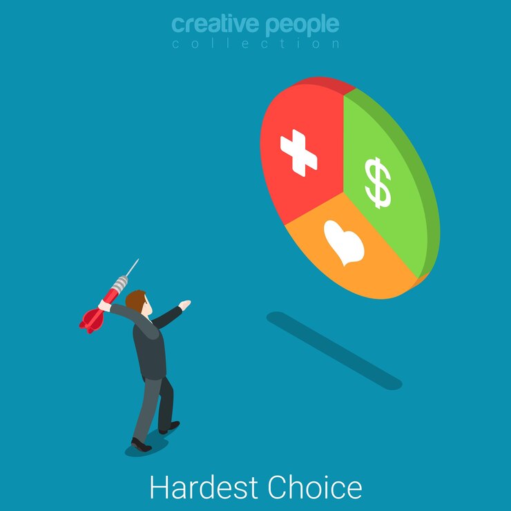 Free Vector hard choice lifestyle goal targeting concept. businessman aiming dart target split health money love romance family. flat isometric conceptual