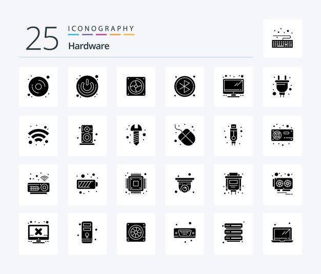 Hardware 25 Solid Glyph icon pack including tv hardware fan searching bluetooth