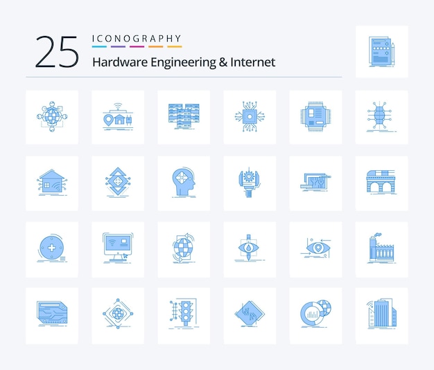무료 벡터 하드웨어 엔지니어링 및 인터넷 25 서버 데이터의 마이크로칩 칩을 포함한 파란색 아이콘 팩
