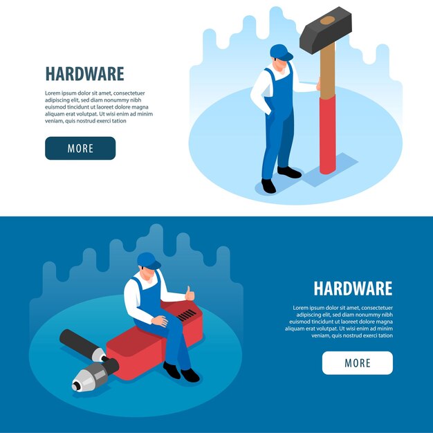 Hardware horizontal banners with handy tools for carpentry metalwork repair and renovation isometric