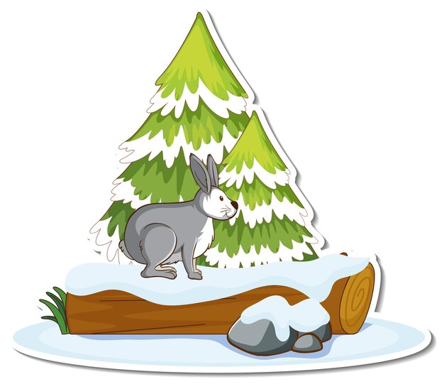 Free vector a hare with pine tree covered with snow sticker